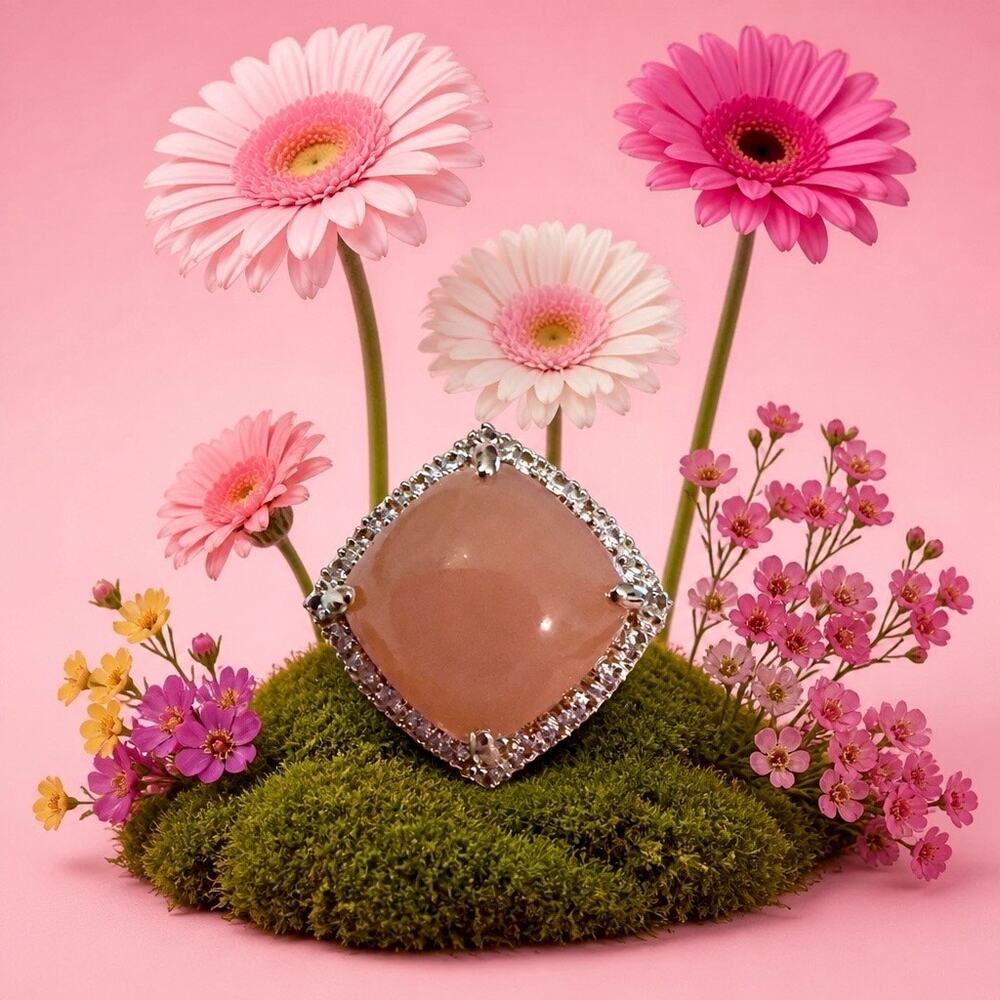 Genuine Peach Moonstone & CZ Statement Ring in Sterling Silver – Size 7